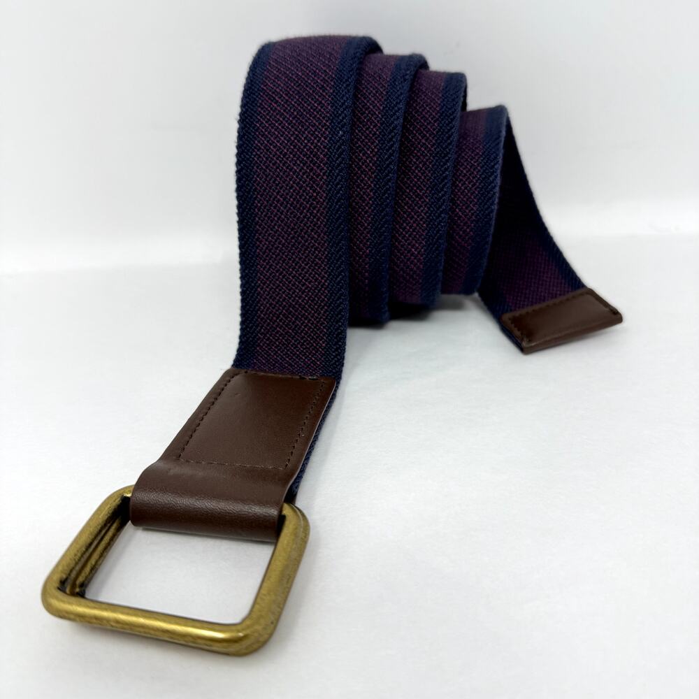 Five Four Mens Woven Belt Navy Burgundy Stripe Brass Buckle 44"